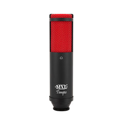 USB Mic with headphone jack.  Black body with red grill.