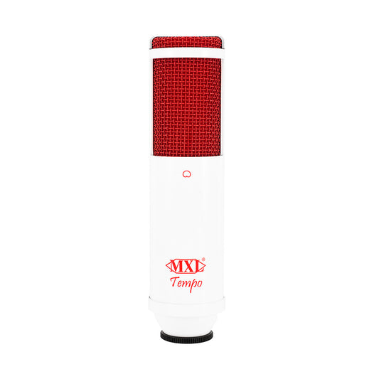 USB Mic with headphone jack.  White body with red grill.